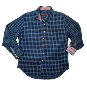 Robert Graham Shirt Mens XL Extra Large Black Cyan Plaid Check Flip Cuff Cotton